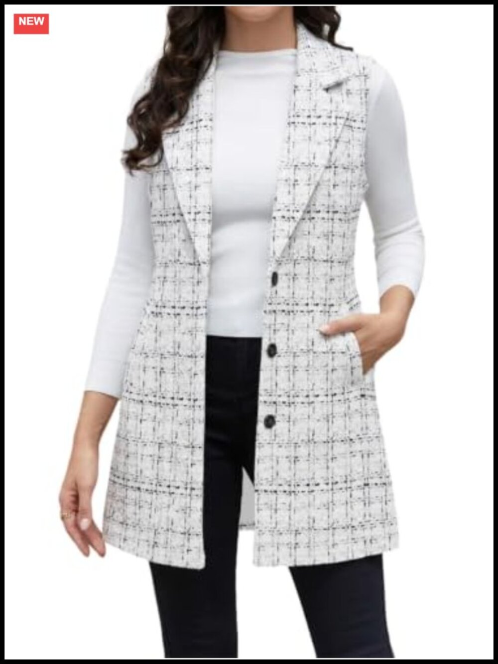 Wool Plaid Sleeveless Vest Notch Lapel Side Pockets Casual Fall Winter